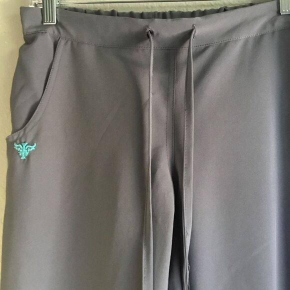 Scrub pants sz Small  ‘Med Couture’ stretchy quick dry boot cut/flare gray teal - Picture 2 of 8